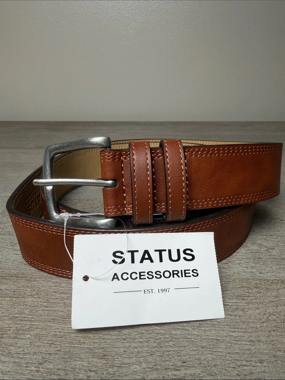 Status Men's Cognac Leather Belt with Silver Buckle